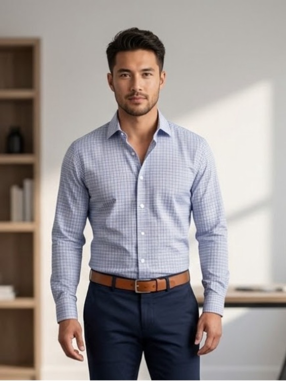 Savannah Men’s Blue and White Check Long-Sleeve Button-Down Shirt